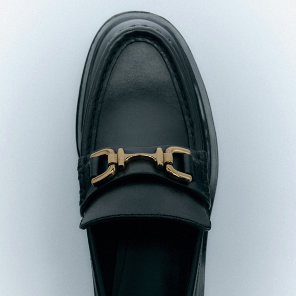 Lug Sole Black Leather Loafers with gold metal detail - Picture 5 of 13